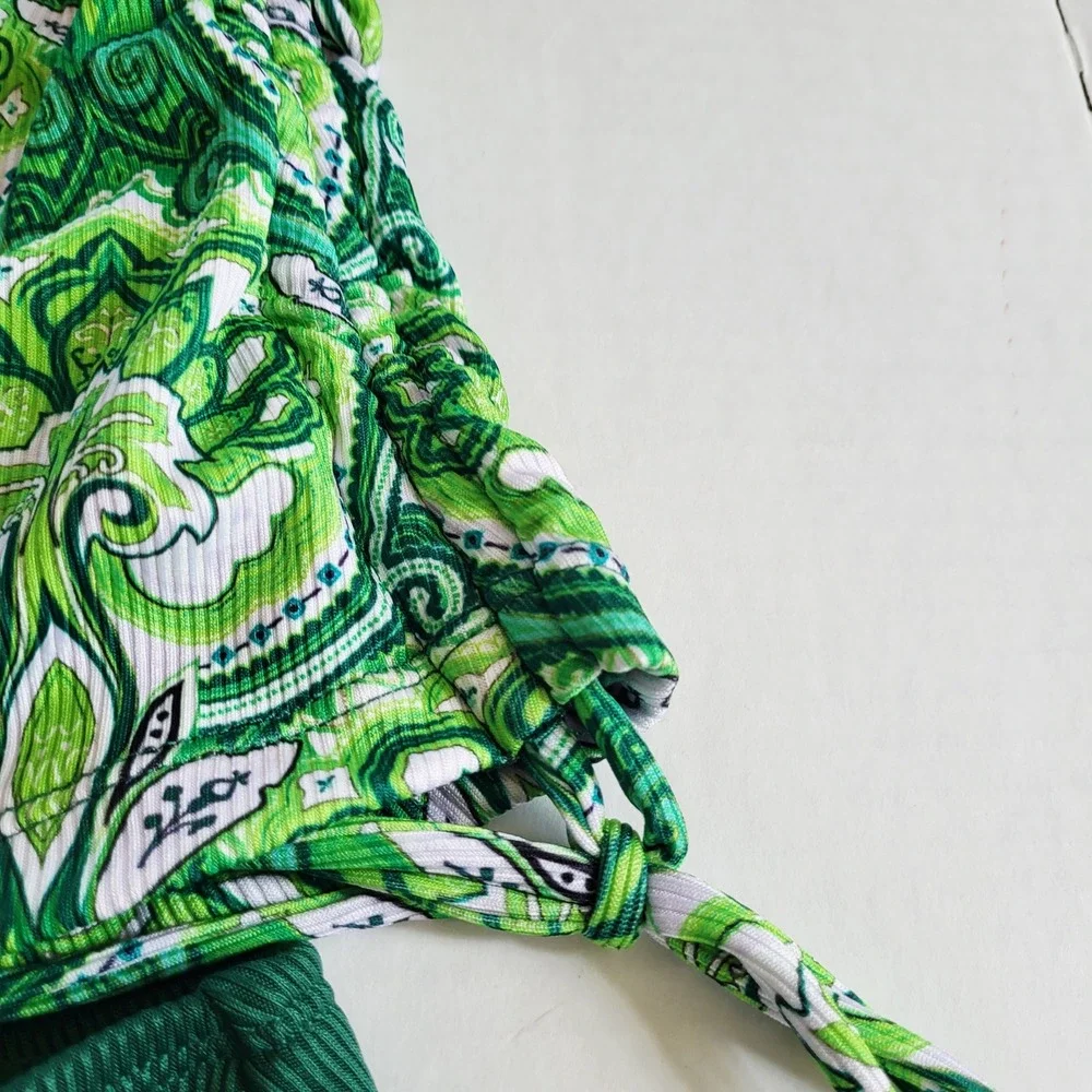 Cupshe Womens Green Paisley Tankini‎ Set High Waisted Ribbed Swimsuit Large NEW